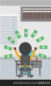 An african-american businessman with raised hands celebrating while sitting under money rain. Successful business concept. Vector flat design illustration. Vertical layout.. Successful businessman under money rain.