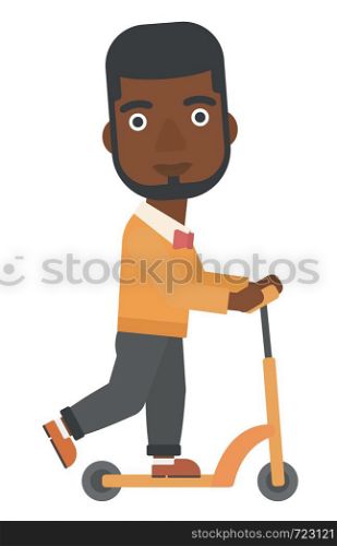 An african-american businessman with the beard riding to work on scooter vector flat design illustration isolated on white background.. Man riding on scooter.