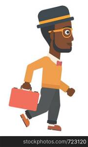 An african-american businessman with the beard walking with a briefcase vector flat design illustration isolated on white background.. Businessman walking with briefcase.