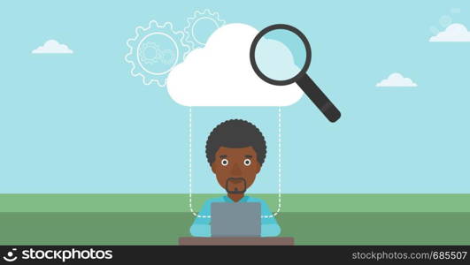 An african-american businessman working on a laptop and cloud, magnifier and gears above him. Cloud computing concept. Vector flat design illustration. Horizontal layout.. Cloud computing technology vector illustration.