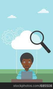 An african-american businessman working on a laptop and cloud, magnifier and gears above him. Cloud computing concept. Vector flat design illustration. Vertical layout.. Cloud computing technology vector illustration.