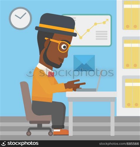 An african-american businessman working on his laptop in office and receiving or sending email. Business technology, email concept. Vector flat design illustration. Square layout.. Businessman receiving or sending email.