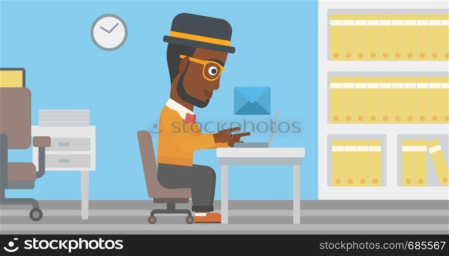 An african-american businessman working on his laptop in office and receiving or sending email. Business technology, email concept. Vector flat design illustration. Horizontal layout.. Businessman receiving or sending email.