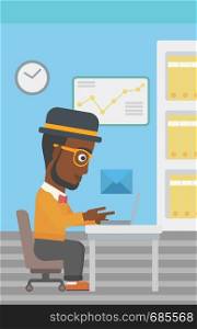 An african-american businessman working on his laptop in office and receiving or sending email. Business technology, email concept. Vector flat design illustration. Vertical layout.. Businessman receiving or sending email.