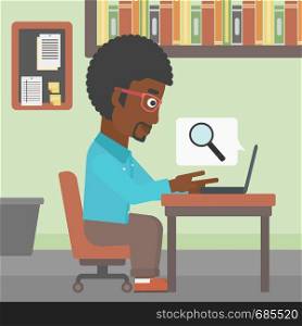 An african-american businessman working on laptop in office and a magnifying glass coming out from screen. Concept of search. Vector flat design illustration. Square layout.. Businessman working on his laptop.