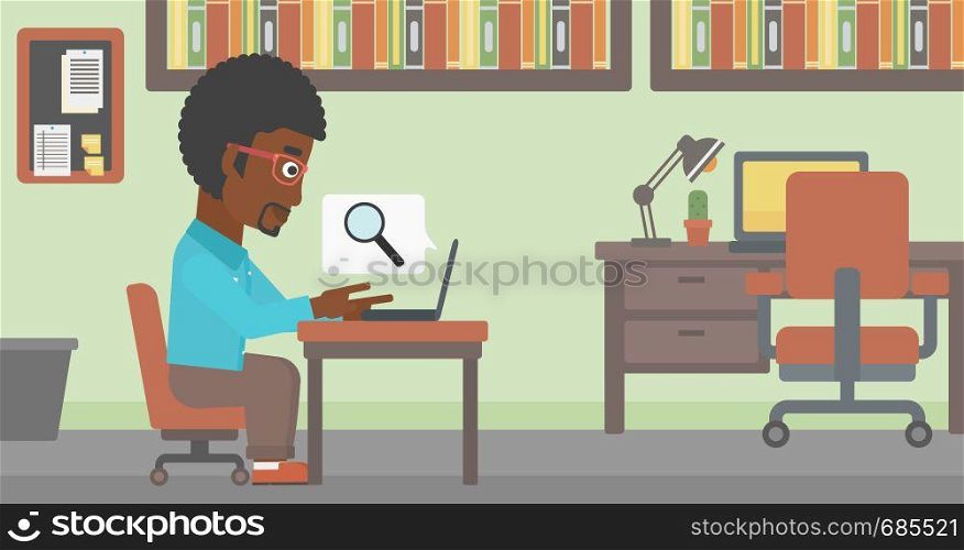 An african-american businessman working on laptop in office and a magnifying glass coming out from screen. Concept of search. Vector flat design illustration. Horizontal layout.. Businessman working on his laptop.