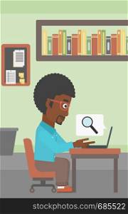 An african-american businessman working on laptop in office and a magnifying glass coming out from screen. Concept of search. Vector flat design illustration. Vertical layout.. Businessman working on his laptop.