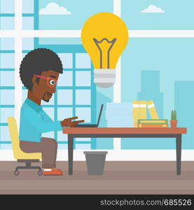 An african-american businessman working on laptop in office and idea bulb above the table. Successful business idea concept. Vector flat design illustration. Square layout.. Successful business idea vector illustration.