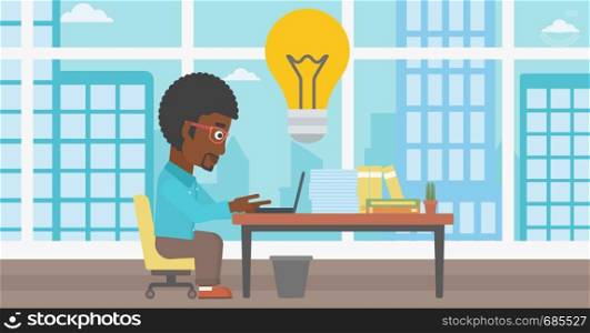 An african-american businessman working on laptop in office and idea bulb above the table. Successful business idea concept. Vector flat design illustration. Horizontal layout.. Successful business idea vector illustration.