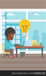 An african-american businessman working on laptop in office and idea bulb above the table. Successful business idea concept. Vector flat design illustration. Vertical layout.. Successful business idea vector illustration.