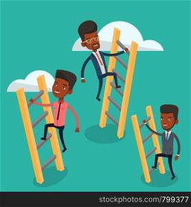 An african-american businessmen climbing the ladders. Businessmen climbing on the cloud. Businessmen climbing to success. Business competition concept. Vector flat design illustration. Square layout.. Business people climbing to success.