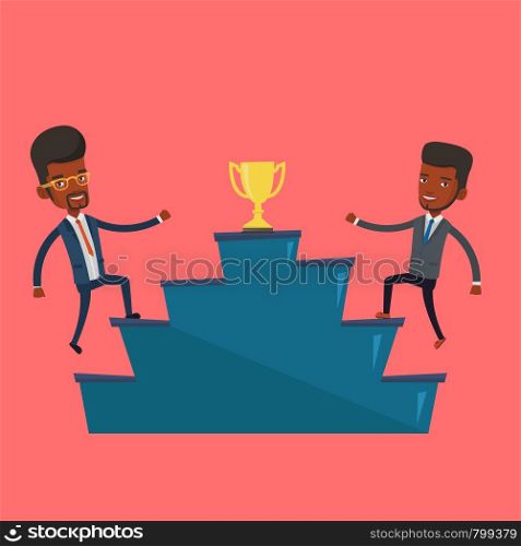 An african-american businessmen competing to get golden trophy. Two competitive businessmen running up for the winner cup. Business competition concept. Vector flat design illustration. Square layout.. Two men competing for the business award.