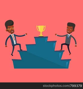 An african-american businessmen competing to get golden trophy. Two competitive businessmen running up for the winner cup. Business competition concept. Vector flat design illustration. Square layout.. Two men competing for the business award.