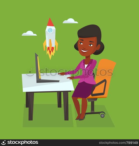 An african-american businesswoman looking at business start up rocket. Young businesswoman working on new business start up. Business start up concept. Vector flat design illustration. Square layout. Business start up vector illustration.