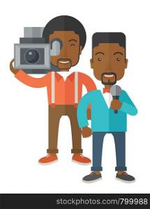 An african-american cameraman filming a reporter vector flat design illustration isolated on white background. Vertical layout.. TV report.