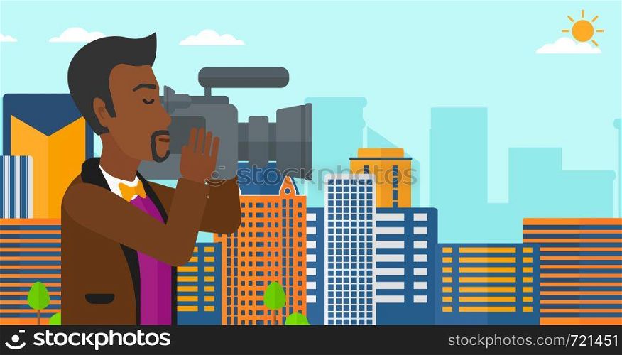 An african-american cameraman with video camera taking a video on a city background vector flat design illustration. Horizontal layout.. Cameraman with video camera.