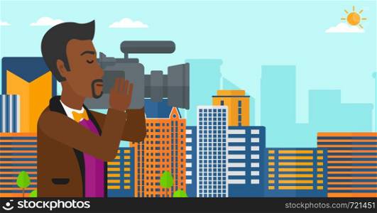 An african-american cameraman with video camera taking a video on a city background vector flat design illustration. Horizontal layout.. Cameraman with video camera.