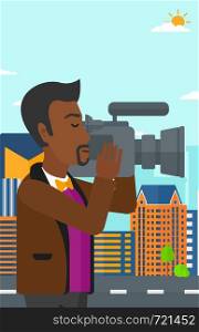 An african-american cameraman with video camera taking a video on a city background vector flat design illustration. Vertical layout.. Cameraman with video camera.