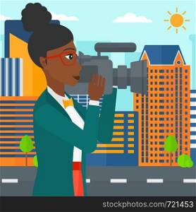 An african-american camerawoman with video camera taking a video on a city background vector flat design illustration. Square layout.. Camerawoman with video camera.