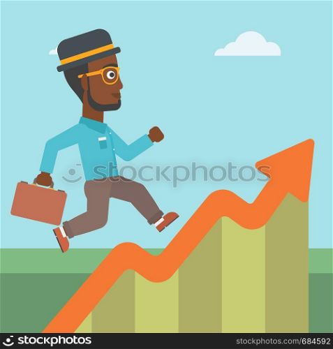 An african-american cheerful businessman running along the growth graph. Businessman going up. Successful business concept. Vector flat design illustration. Square layout.. Businessman running along the growth graph.
