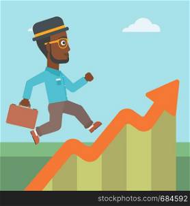 An african-american cheerful businessman running along the growth graph. Businessman going up. Successful business concept. Vector flat design illustration. Square layout.. Businessman running along the growth graph.