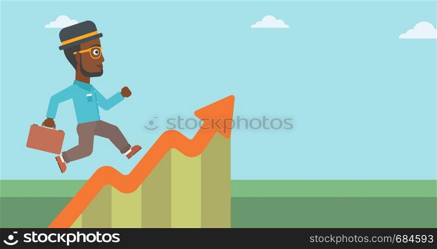 An african-american cheerful businessman running along the growth graph. Businessman going up. Successful business concept. Vector flat design illustration. Horizontal layout.. Businessman running along the growth graph.