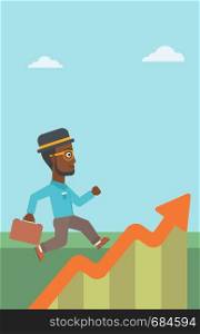 An african-american cheerful businessman running along the growth graph. Businessman going up. Successful business concept. Vector flat design illustration. Vertical layout.. Businessman running along the growth graph.