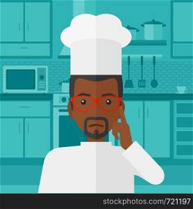 An african-american cheerful chief-cooker in uniform pointing forefinger up on a kitchen background vector flat design illustration. Square layout.. Chef pointing forefinger up.