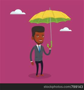 An african-american cheerful insurance agent. Insurance agent standing safely under umbrella. Business insurance and business protection concept. Vector flat design illustration. Square layout.. Businessman insurance agent with umbrella.