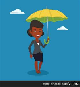 An african-american cheerful insurance agent. Young insurance agent standing safely under umbrella. Business insurance and business protection concept. Vector flat design illustration. Square layout.. Business woman insurance agent with umbrella.