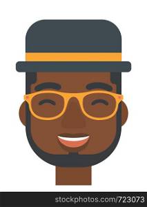 An african-american cheerful man experiencing euphoria vector flat design illustration isolated on white background. Vertical layout.. Cheerful man experiencing euphoria.