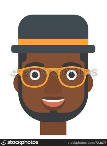 An african-american cheerful man laughing ecstatically vector flat design illustration isolated on white background. Vertical layout.. Cheerful man laughing ecstatically.