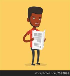 An african-american cheerful man reading the newspaper. Young smiling man reading good news in newspaper. Happy man standing with newspaper in hands. Vector flat design illustration. Square layout.. Man reading newspaper vector illustration.
