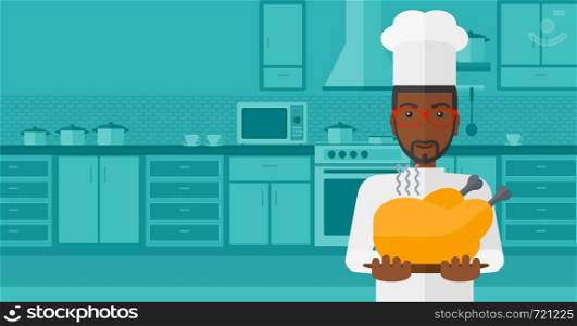 An african-american chef holding a plate with a hot chicken on a kitchen background vector flat design illustration. Horizontal layout.. Man holding roasted chicken.