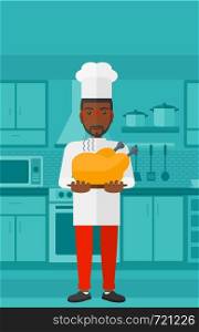 An african-american chef holding a plate with a hot chicken on a kitchen background vector flat design illustration. Vertical layout.. Man holding roasted chicken.