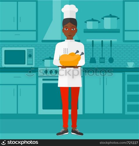 An african-american chef holding a plate with a hot chicken on a kitchen background vector flat design illustration. Square layout.. Woman holding roasted chicken.
