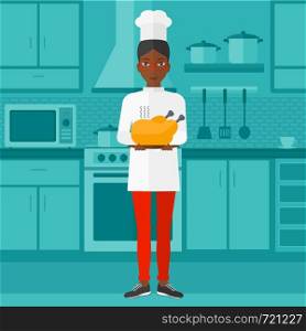 An african-american chef holding a plate with a hot chicken on a kitchen background vector flat design illustration. Square layout.. Woman holding roasted chicken.
