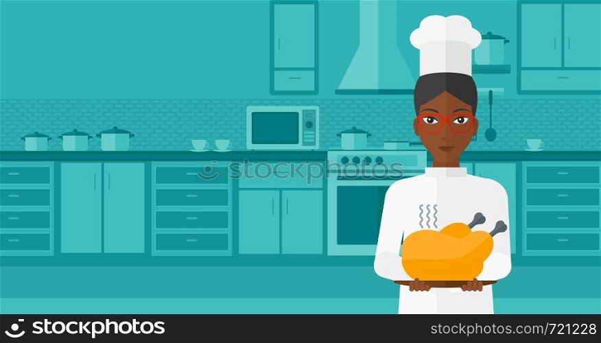 An african-american chef holding a plate with a hot chicken on a kitchen background vector flat design illustration. Horizontal layout.. Woman holding roasted chicken.
