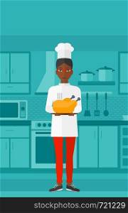 An african-american chef holding a plate with a hot chicken on a kitchen background vector flat design illustration. Vertical layout.. Woman holding roasted chicken.