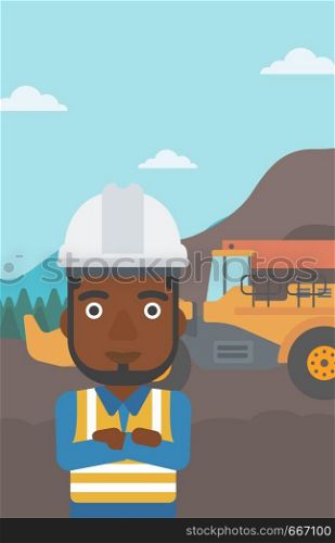 An african-american confident coal miner. A miner standing in front of a big mining equipment on the background of coal mine. Vector flat design illustration. Vertical layout.. Miner with mining equipment on background.