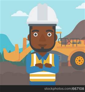An african-american confident coal miner. A miner standing in front of a big mining equipment on the background of coal mine. Vector flat design illustration. Square layout.. Miner with mining equipment on background.