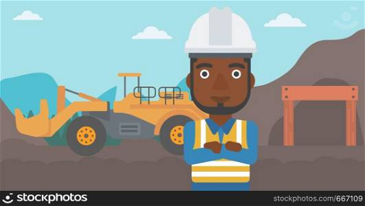 An african-american confident coal miner. A miner standing in front of a big mining equipment on the background of coal mine. Vector flat design illustration. Horizontal layout.. Miner with mining equipment on background.