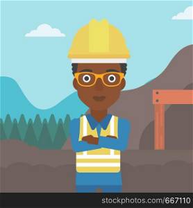 An african-american confident coal miner. Female miner standing in front of a big mining equipment on the background of coal mine. Vector flat design illustration. Square layout.. Miner with mining equipment on background.