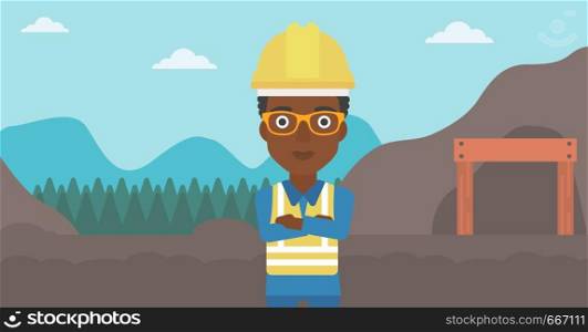 An african-american confident coal miner. Female miner standing in front of a big mining equipment on the background of coal mine. Vector flat design illustration. Horizontal layout.. Miner with mining equipment on background.