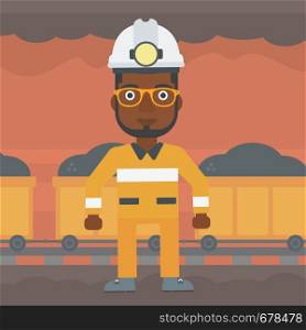 An african-american confident coal miner. Male miner in hardhat with torch. Miner standing on the background of mining tunnel with cart full of coal. Vector flat design illustration. Square layout.. Confident miner in hardhat vector illustration.