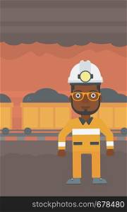 An african-american confident coal miner. Male miner in hardhat with torch. Miner standing on the background of mining tunnel with cart full of coal. Vector flat design illustration. Vertical layout.. Confident miner in hardhat vector illustration.