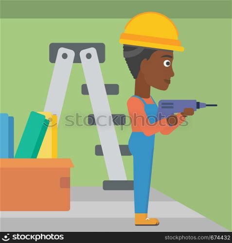 An african-american constructor drilling a hole in the wall using a perforator vector flat design illustration. Square layout.. Constructor with perforator.