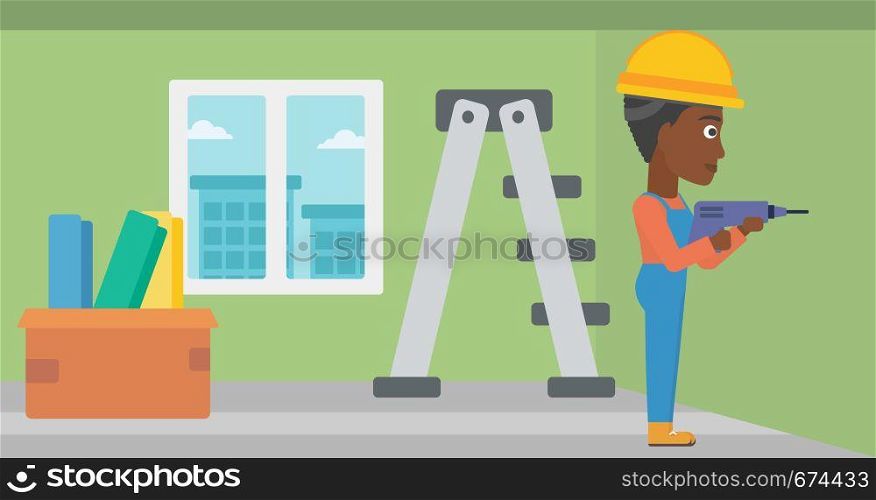 An african-american constructor drilling a hole in the wall using a perforator vector flat design illustration. Horizontal layout.. Constructor with perforator.