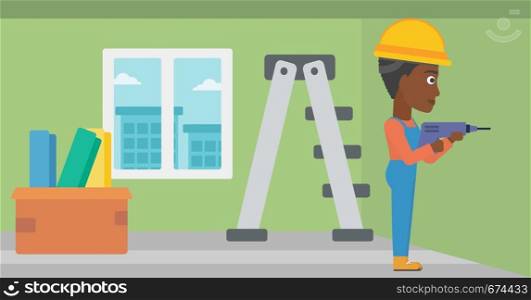 An african-american constructor drilling a hole in the wall using a perforator vector flat design illustration. Horizontal layout.. Constructor with perforator.
