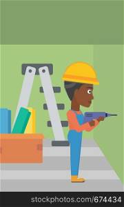 An african-american constructor drilling a hole in the wall using a perforator vector flat design illustration. Vertical layout.. Constructor with perforator.